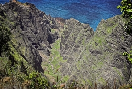 A long hike leads to a lookout over Awa'awapuhi Valley where we had just flown through at low altitude in a helicopter the previous day.  Na Pali Coast, Kauai, Hawaii.