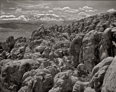 The Fiery Furnace, routinely described as a maze of shattered stone fins, holds twisting and turning canyons, slot canyons, and gorges that can easily disorient even seasoned canyoneers.  The distant 12,721 foot La Sal Mtn completes the scene.  Arches NP, UT.